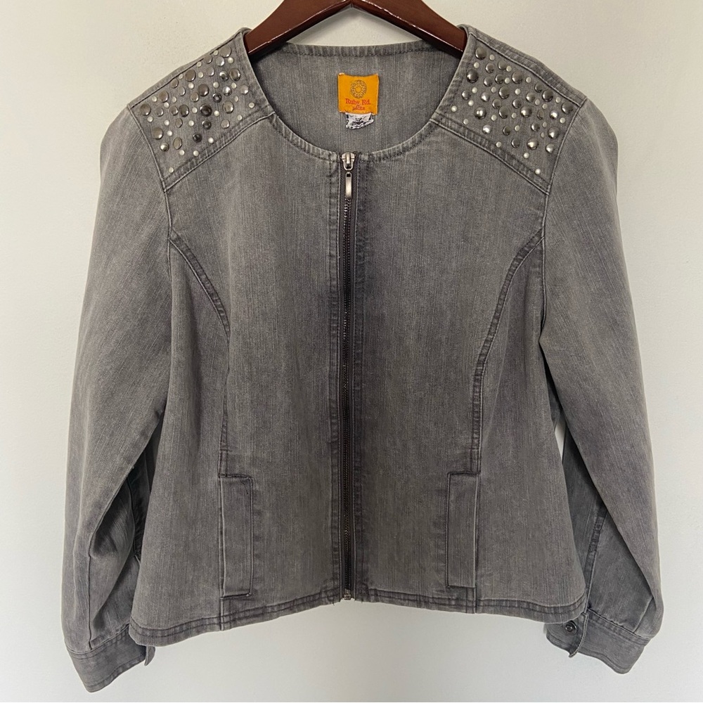 Studded Grey Denim Jacket Ruby Road Jean Grommet Detail Size 12 Moto Distressed